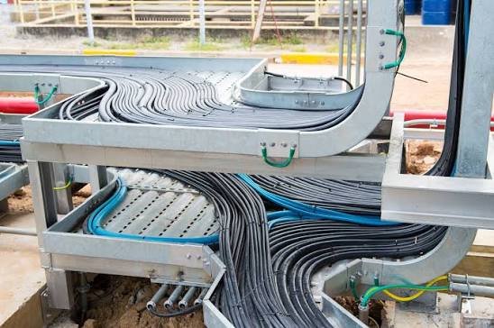 Industrial cable tray runs at a large facility